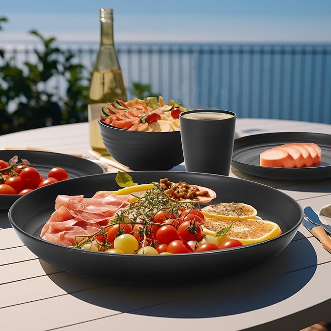 Lazycorner 32Pcs Kitchen Wheat Straw Dinnerware Set, Service for 8, Plastic Reuasble Dinner Dishes Serving Plate Set for Kitchen, Including Dinner Plate, Dessert Plate, Bowl, Cup(Black)