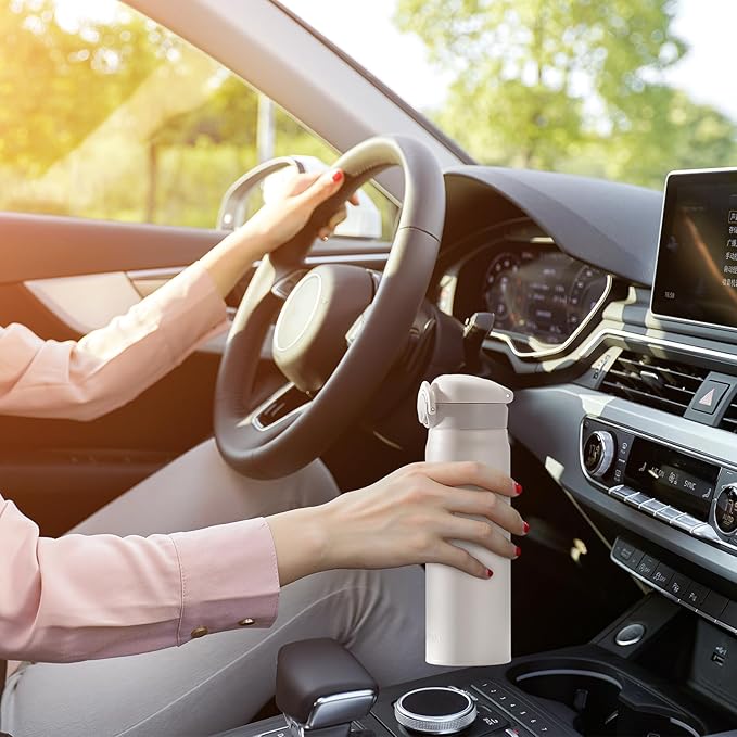 17 oz / 500 ml Insulated Water Bottle, Stainless Steel Thermo Coffee Travel Mug, Thermal Cup with Snap Flip Lid, BPA Free for Hot and Cold Drinking, White