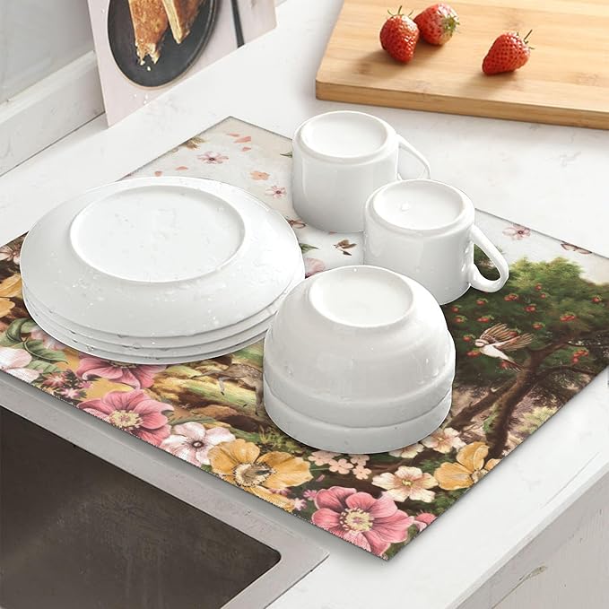 Retro Country Woods Deer Dish Drying Mat 16x18 Inch, Microfiber Absorbent Fast Dry Mat Flowers Butterfly Large Dish Mat Drying Kitchen Mat, Kitchen Drying Pad for Kitchen Counter Coffee Bar Decor