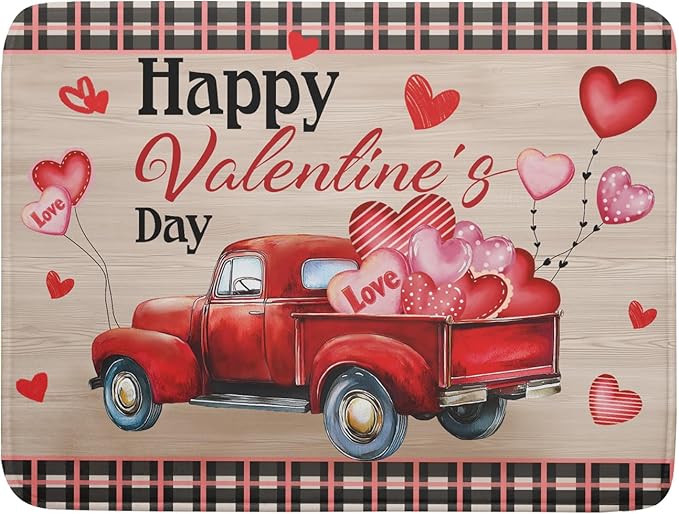 Valentine's Day Truck Dish Drying Mat 18x24 inch Love Heart Washable Absorbent Dishes Pad Dish Drainer Mat for Kitchen Counter Sink Coffee