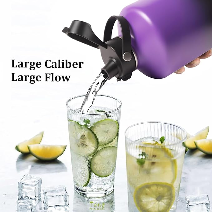 Water Bottle Insulated 32oz 40oz 64oz 128oz Straw Lid Spout Lid & 3 Lids, Leak Proof, Vacuum Insulated,Stainless Steel Water Bottle Wide Mouth for Sports, Gym or Office