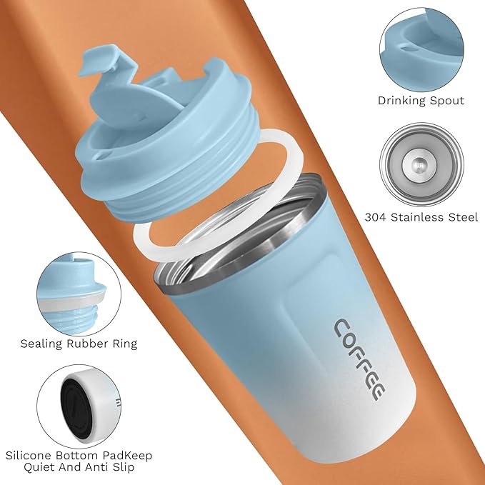 Travel coffee mugs leak-proof, reusable coffee cups with lids, stainless steel vacuum thermos coffee tumblers,thermal insulation cups for men and women hot & cold drinks (2nd-Blue White, 12OZ)