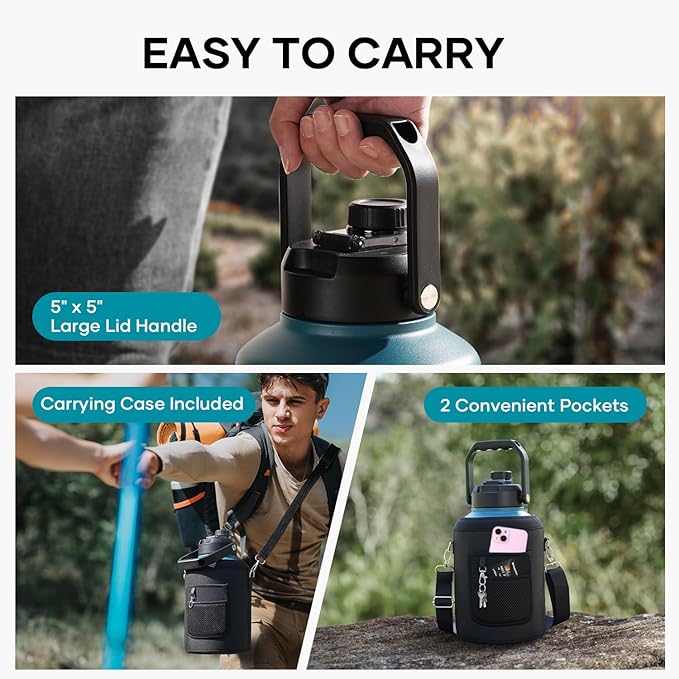 BUZIO 1 Gallon Water Bottle Insulated, (Cold for 48 Hrs) 128oz Large Stainless Steel Water Jug, 3.58in Big Wide Mouth Leak Proof Metal Flask with Carrying Sleeve for Camping,Gym, Hiking, Indigo Crush