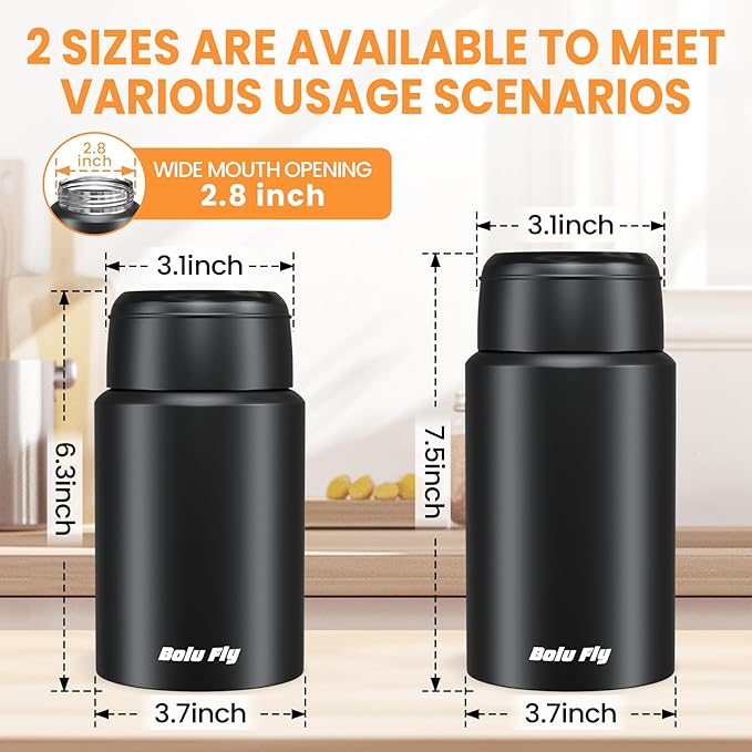 2 Pack Soup Thermo for Hot Food for Adults, Insulated Food Jar, Stainless Steel Vacuum Thermal Lunch Box Containers with Carry Bag and Spoon (18.5oz, 27oz) (Black)