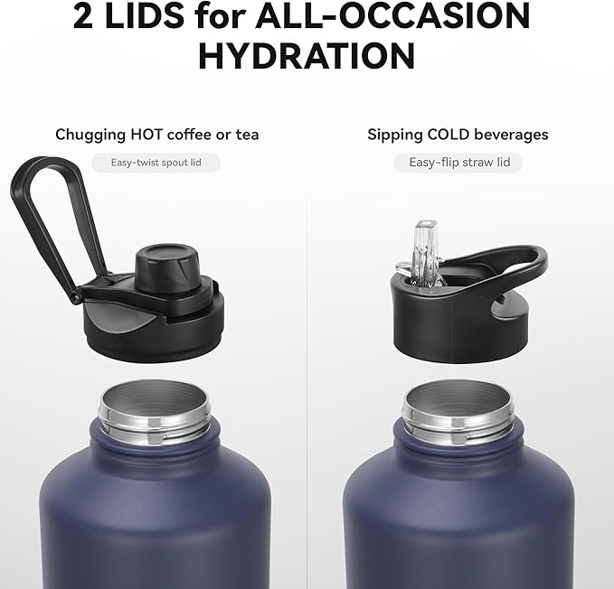64 oz Insulated Water Bottle with Straw & Spout Lids, Stainless Steel Metal Half Gallon Water Jug with Paracord Handle, Double Wall Vacuum, Leakproof, Keep Drinks Cold & Hot, Navy