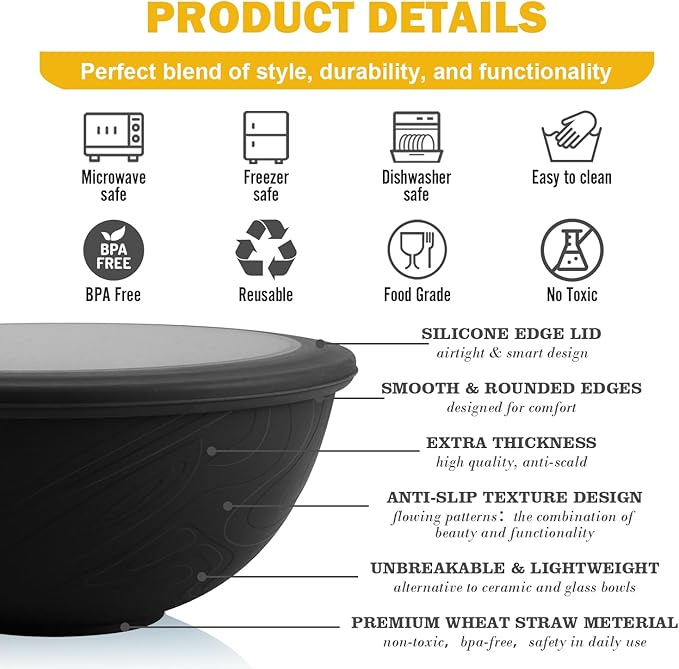 40 OZ Unbreakable Cereal Bowls with Lids, Wheat Straw Bowls Set of 4 with Unique Pattern, Reusable Plastic Bowl for Cereal, Soup, Salad and Ramen, Indoor & Outdoor Essentials, Black