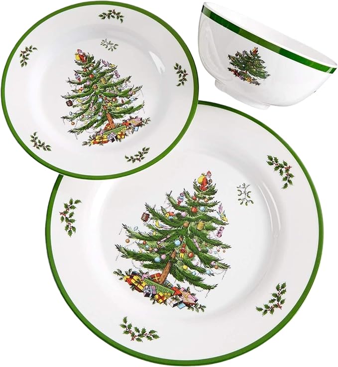Spode Christmas Tree 12-Piece Melamine Dinnerware Set - Seasonal Dinnerware for Holiday Gatherings, Service for 4, Dishwasher Safe with Festive Christmas Tree Motif, Shatterproof & Durable Dishes