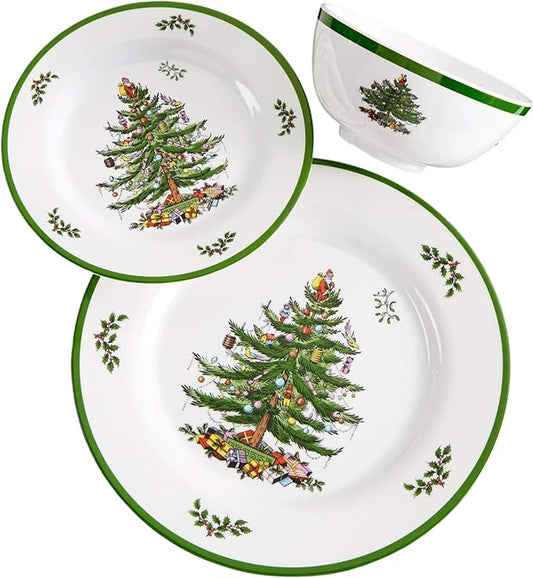 Spode Christmas Tree 12-Piece Melamine Dinnerware Set - Seasonal Dinnerware for Holiday Gatherings, Service for 4, Dishwasher Safe with Festive Christmas Tree Motif, Shatterproof & Durable Dishes