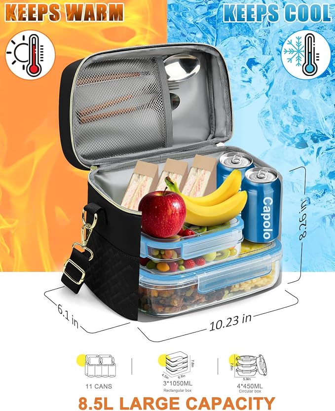 Capolo Lunch Box for Women Men Adults,Insulated Lunch Bag Leakproof Lunch Cooler Box with Removable Strap Cute Lunch Tote Bags Reusable Thermal Lunchbox for School Work Picnic(Small,Black)