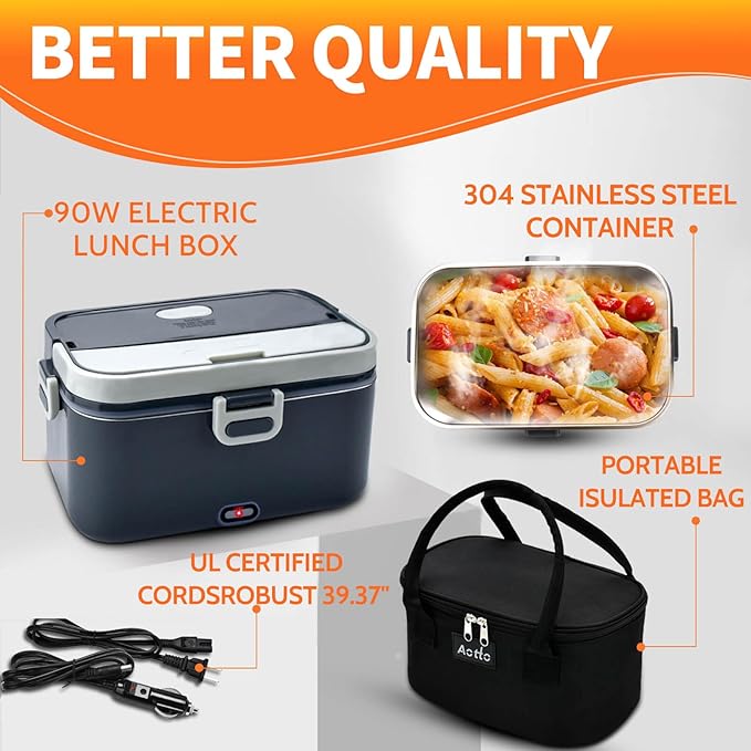Aotto Electric Lunch Box 2L, 90W Fast Heating (12V/24V/110V) Heated Portable Food Warmer for Car/Truck/Office – Stainless Steel Container, Insulated Carry Bag – Ideal for Adults, Men, Women, Grey