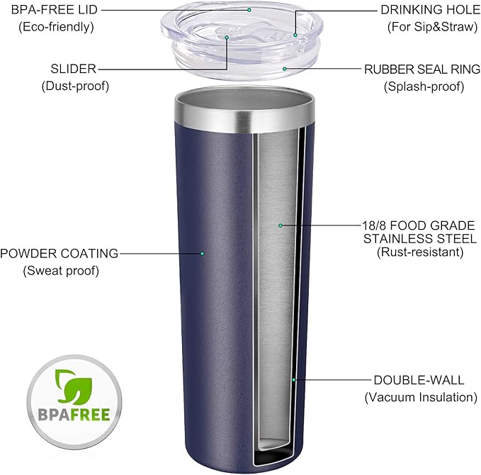 VEGOND Stainless Steel Tumblers Bulk 8 Pack, 20 oz Vacuum Insulated Skinny Tumblers with Lid and Straw, Double Wall Coffee Mug, Travel Water Cup, Navy Blue