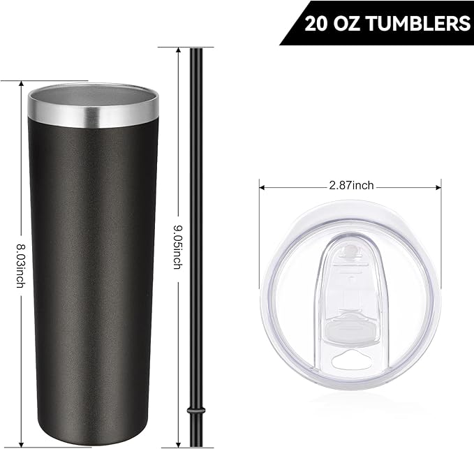 VEGOND Stainless Steel Tumblers Bulk 6 Pack, 20 oz Vacuum Insulated Skinny Tumblers with Lid and Straw, Double Wall Coffee Mug, Travel Water Cup, Black
