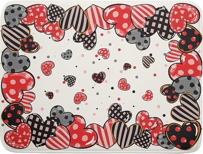 Red Heart Dish Drying Mat 18"x24" Love Dots Microfiber Dish Drainer Rack Mat Holiday Absorbent Fast Dry Pad for Kitchen Counter Home Decor