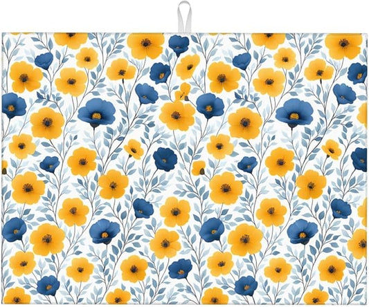Blue Yellow Floral Dish Drying Mats for Kitchen Counter, Absorbent Microfiber Drying Pad for Dishes, Decorative Kitchen Mat for Sink & Dining Area, Washable Foldable Reversible, Home Decor, 18" x 24"