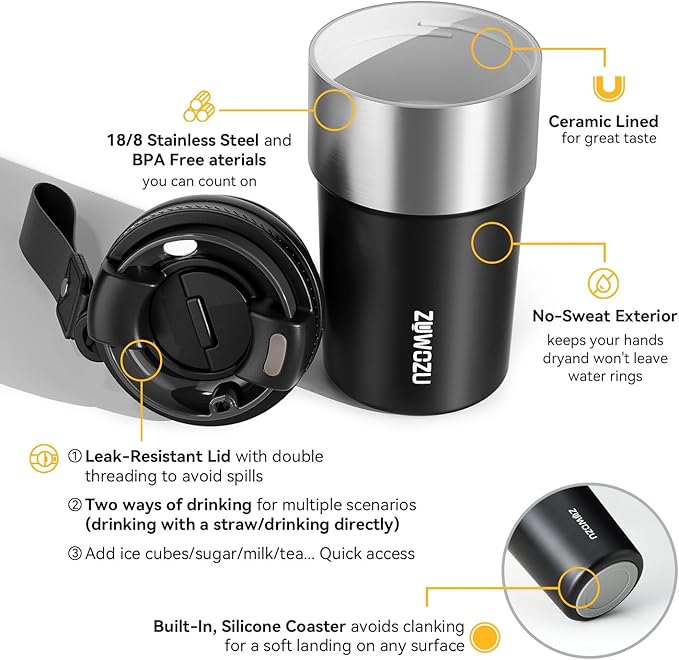 Insulated Travel Coffee Tumbler Mug - Ceramic Inner Wall Reusable Iced Coffee Cups Bottle with Lids, Stainless Steel Insulated Cold Brew Water Tumbler with Straw, BPA Free 16 Oz Water Bottle