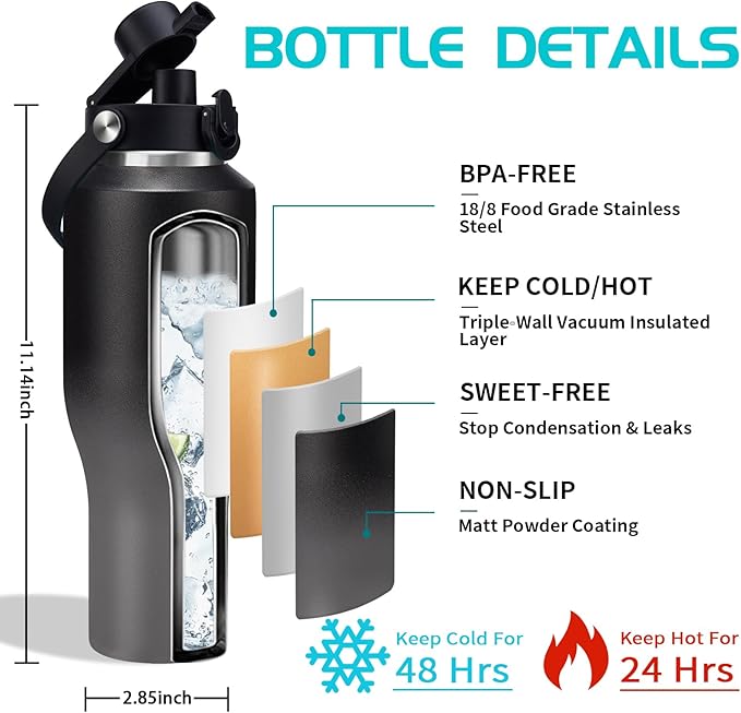 40oz Insulated Water Bottle with Straw - Auto Spout Lid, Protective Boot, Carrier Pouch, Vacuum Stainless Steel Water Bottles Leak-proof, Skinny Thermo Mug Flask Fit in Car Bike Cup Holder