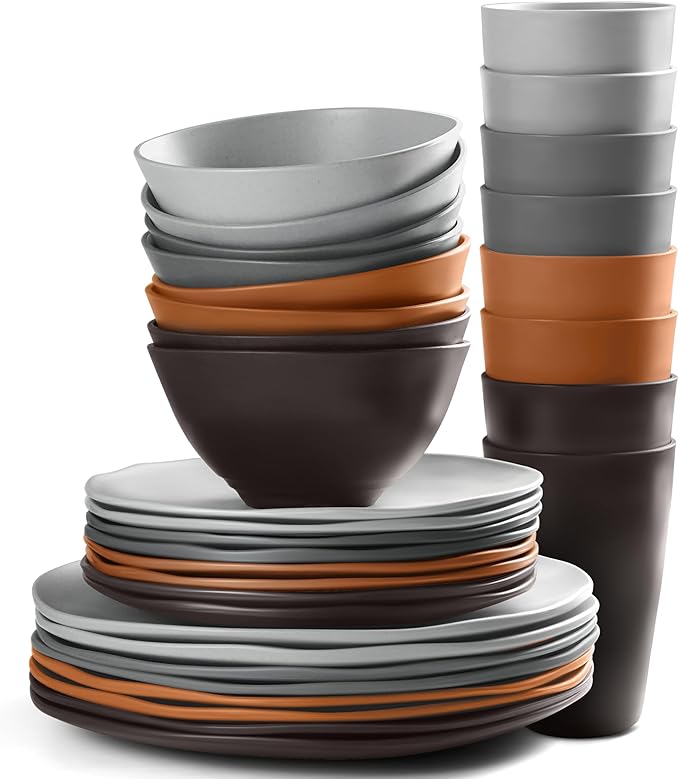 Teivio 32-Piece Kitchen Plastic Wheat Straw Dinnerware Set, Service for 8, Dinner Plates, Dessert Plate, Cereal Bowls, Cups, Unbreakable Plastic Outdoor Camping Dishes, Smoky Brown