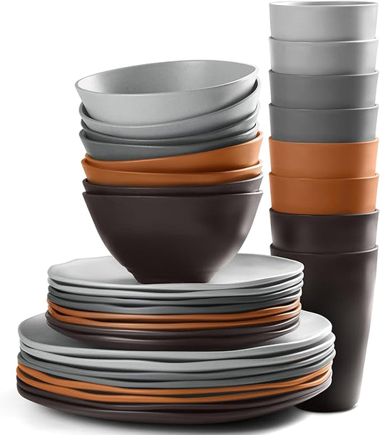 Teivio 32-Piece Kitchen Plastic Wheat Straw Dinnerware Set, Service for 8, Dinner Plates, Dessert Plate, Cereal Bowls, Cups, Unbreakable Plastic Outdoor Camping Dishes, Smoky Brown