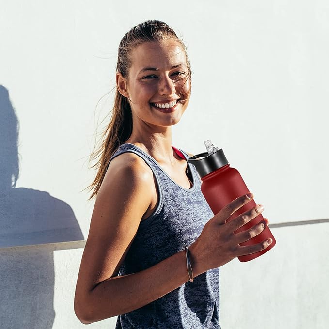 32 oz Insulated Water Bottle Bulk 4 Pack, Stainless Steel Sports Water Bottles with Straw Lid & Wide Mouth Lids, Double Walled Vacuum, Leak Proof, Red