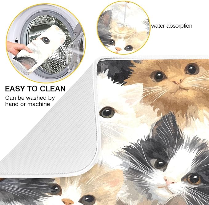 Cat Faces Pattern Dish Drying Mat for Kitchen Counter Super Absorbent Dishes Pad Reversible Microfiber Protector Dish Draining Mats 18x24 inch