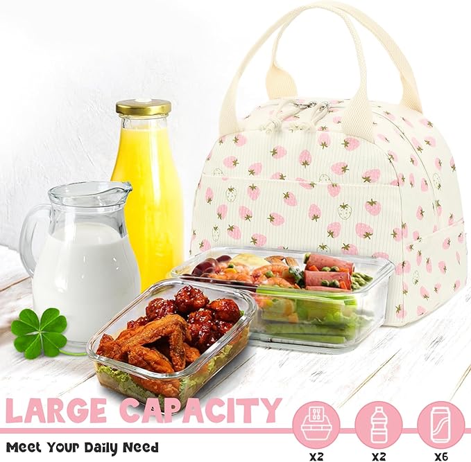 Bluboon Lunch Bag for Women Men Cute Corduroy Lunch Tote Bags Reusable Insulated Lunch Box Large Capacity Reusable Insulated Cooler for Work Picnic or Travel (Beige strawberry)