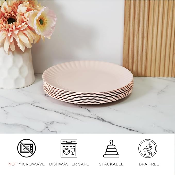 TP 8 inch Plates Set of 8, Melamine Round Plates for Salad Appetizer Dinner Lunch, Dessert Dishes for Indoors and Outdoors, Pink