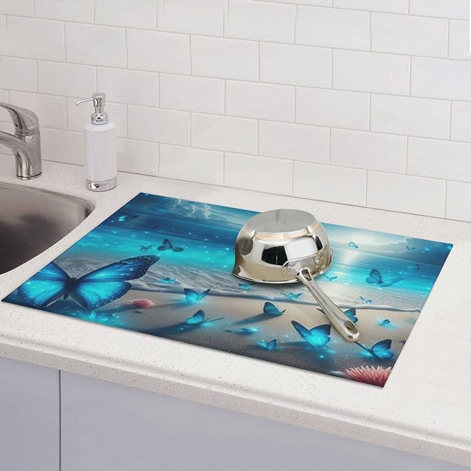 Blue Butterfly Beach Dish Drying Mat 18x24 Inch, Microfiber Absorbent Fast Dry Mat Large Dish Mat Drying Kitchen Mat, Kitchen Drying Pad for Kitchen Counter Coffee Bar Decor Gifts