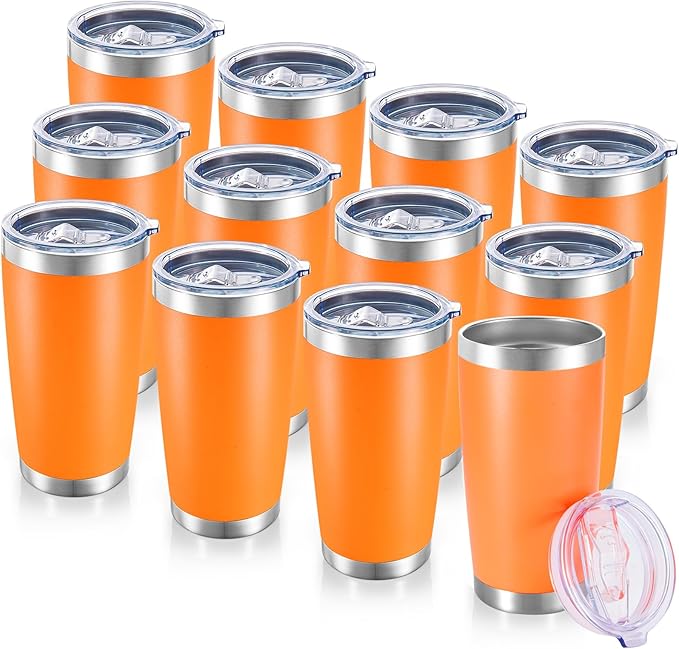 20 oz Tumblers Bulk Stainless Steel Tumbler with Lid Double Wall Vacuum Insulated Coffee Mug 20oz Powder Coated Cup for Hot and Cold Drinks, Orange, 12 pack