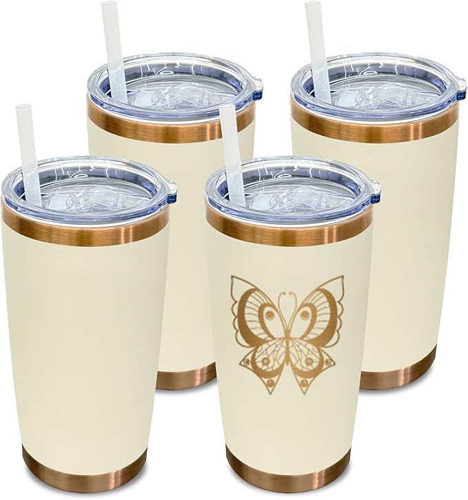20 oz Tumbler Bulk 4 Pack Stainless Steel Tumbler with Lid and Straw, Double Wall Vacuum Insulated Travel Coffee Mug for Laser Engrave, Powder Coated Cup for Hot and Cold Drinks (Cream,4 pack)