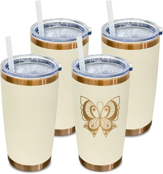 20 oz Tumbler Bulk 4 Pack Stainless Steel Tumbler with Lid and Straw, Double Wall Vacuum Insulated Travel Coffee Mug for Laser Engrave, Powder Coated Cup for Hot and Cold Drinks (Cream,4 pack)