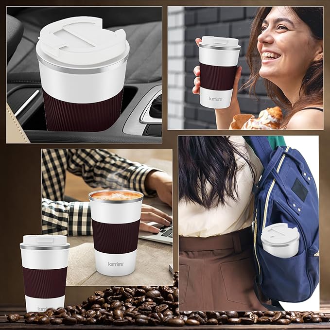 KETIEE Travel Coffee Mug 12oz: Reusable Insulated Coffee Cup with Leakproof Lid, Travel Tumbler, Vacuum Stainless Steel Coffee Mug to Go for Hot/Ice Coffee Tea (White)