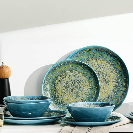 FINE&NICE Melamine Dinnerware Set of 12Pcs, Dish Set for 4, Lightweight Unbreakable Plates and Bowls Set, Great for RVs Camping, Dishwasher Safe,Rusty Blue