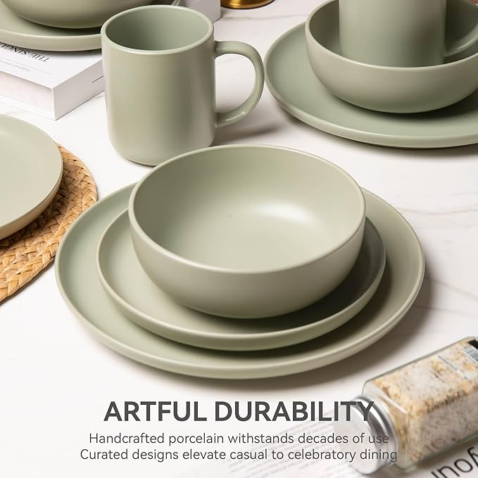 12-Piece Matte Green Dinnerware Set,Stoneware Dinnerware for 4, Microwave & Dishwasher Safe, Stackable Design for Kitchen and Dining - Plates and Bowls