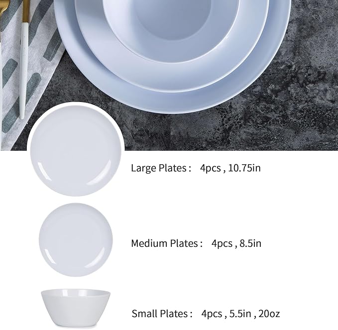 Melamine Dinnerware Set - 12pcs Plates and Bowls Set for 4, Indoor and Outdoor Use, Dishwasher Safe, Lightweight,White