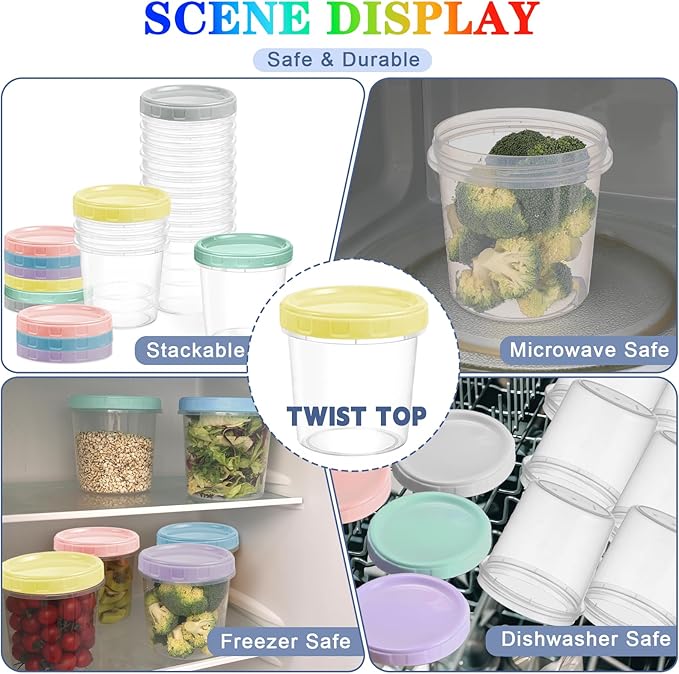6pcs 32 oz Plastic Containers with Screw Top Lids, Reusable Clear Food Storage Containers with Pen and Brush, Leakproof Freezer Soup Containers, Microwave & Dishwasher Safe