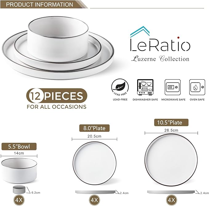 LERATIO Ceramic Dinnerware Sets for 4, High Edge Stoneware Plates and Bowls Set, Chip and Crack Resistant | Oven & Dishwasher & Microwave Safe Dishes Set, Service for 4