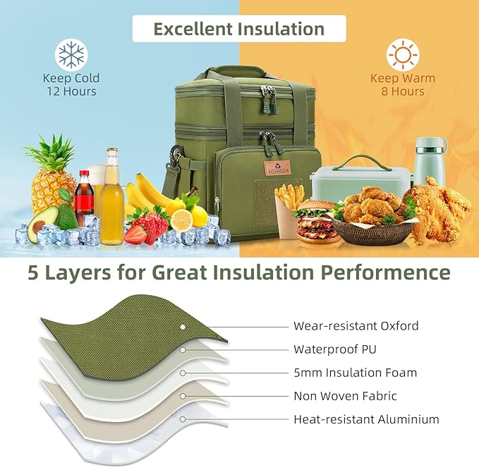 Tactical Lunch Bag, Large Expandable Lunch Box for Men, Durable Leakproof Cooler Bag with Molle Webbing, for Adults/Work Outdoor Picnic Trip Camping, 20 Can/15 L, Army Green