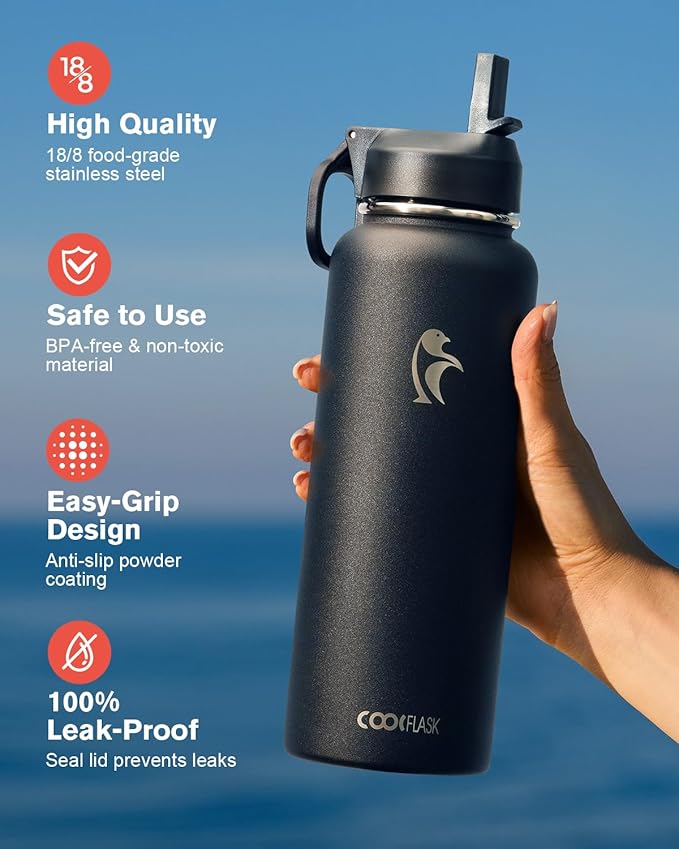 Water Bottle 40 oz Insulated with Straw&Brush, Coolflask Vaccum Stainless Steel Metal 3 Lids Water Flask for Sports, Gym or Office, Keep Cold 48H Hot 24H, Magic Black