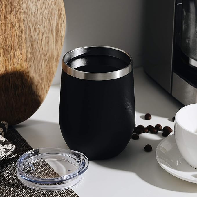 MEWAY 12oz Wine Tumbler 16 Pack Bulk Gifts for Women,Double Wall Vacuum Stainless Steel Travel Mug with Lid,Insulated Stemless Wine Cup Glass for Coffee,Cocktails,Drinks(Black,Set of 16)