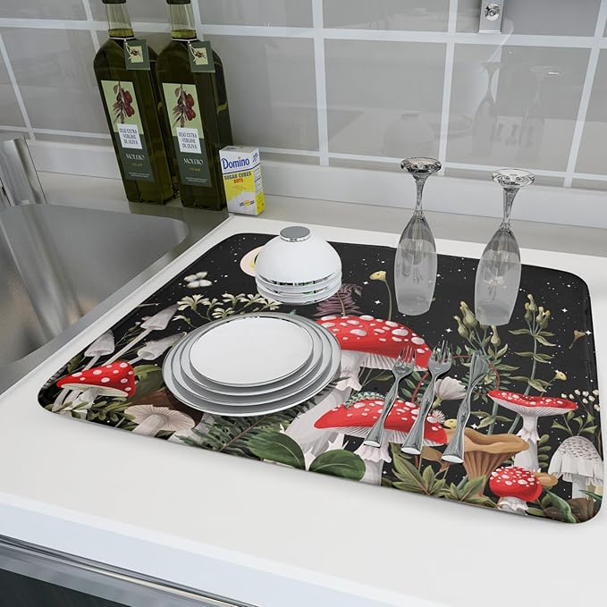 Red Mushroom Dish Drying Mat for Kitchen Counter Plant Leaves Drainer Mats Rack Holder Countertop Absorbent Microfiber Coffee Pads 18x24 Inch