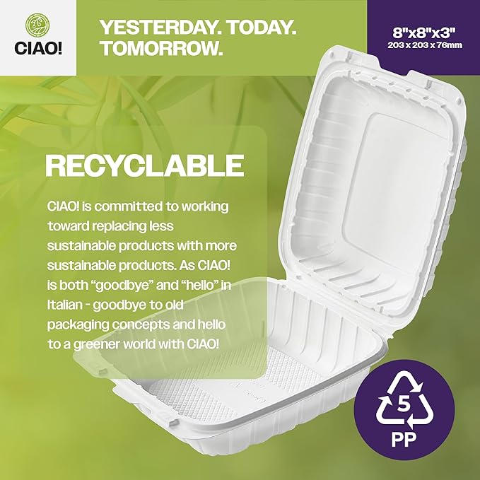 CIAO! 8"x8"X3" MFPP White Hinged Container With Lid 1 Compartment (Case of 200)