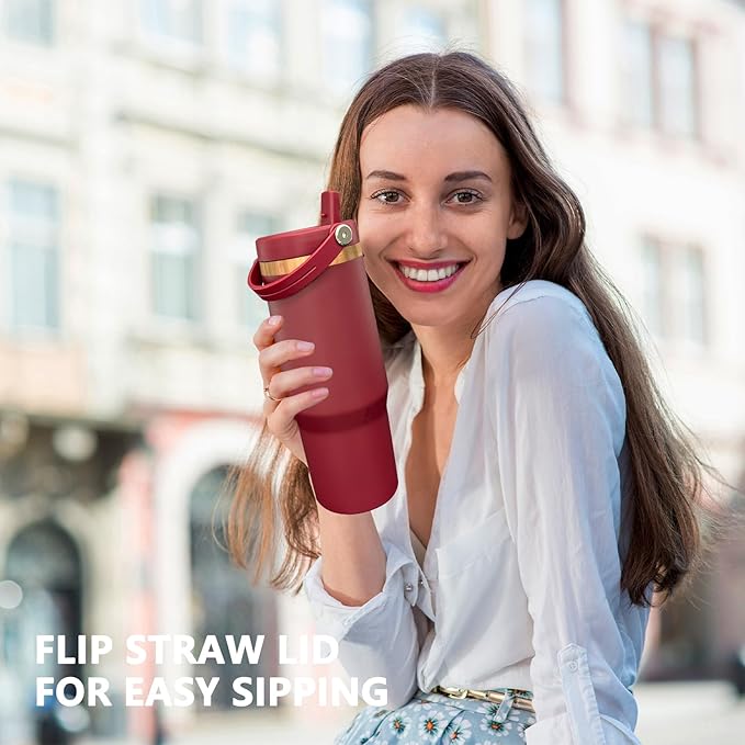 30 oz Tumbler with Handle and Straw, Vacuum Insulated Tumblers with Flip Straw and Top Handle, Leakproof Powder Coated Tumbler, Stainless Steel Travel Mug for Coffee Water (Red, 1 Pack)