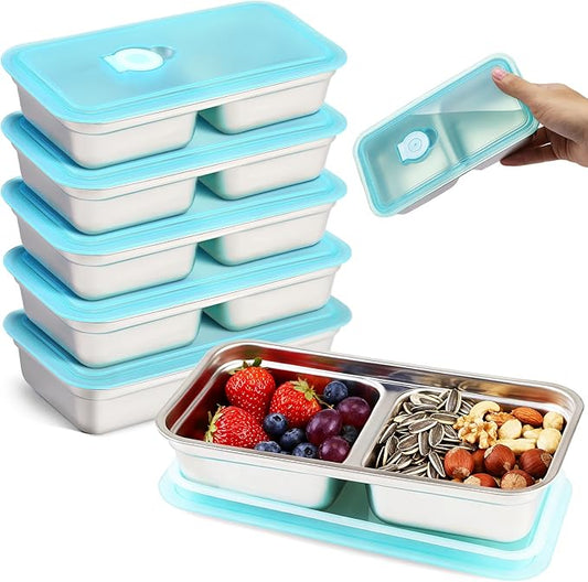 5 Pack Grab and Go Snack Containers, Stainless Steel Reusable Double Compartment Snack Box Containers with Lids Dishwasher Safe Travel & Outdoor Camping Portable Food Storage (5 Pack Sliver)