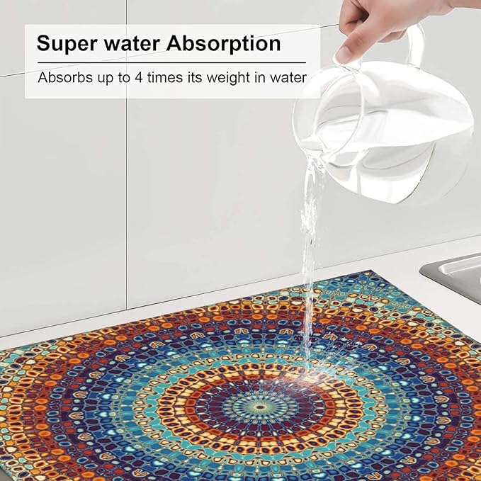 Boho Mandala Orange Blue Green Colorful Drying Mat 16x18 Inch For Kitchen Counter Drying Mats Dish For Kitchen Counter Easy Clean Kitchen