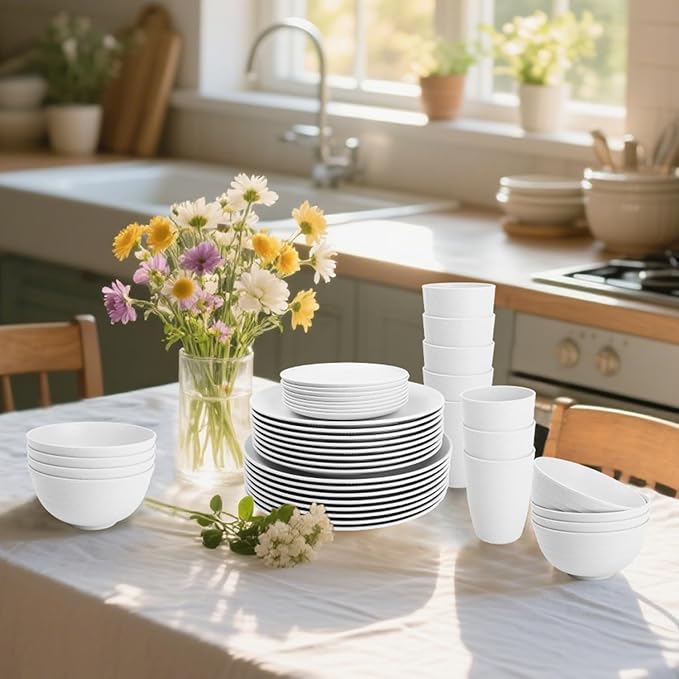 Wheat Straw Dinnerware Sets - 40 PCS Unbreakable Plates and Bowls Sets Service for 8 Kitchen Dishes Set, Dinner Plates, Cereal Bowls, Cups Set Camping Dish Dishwasher & Microwave Safe - White