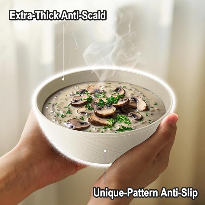 Wrova Beige Wheat Straw Bowls for Cereal and Salad,Alternative Plastic Bowls Set of 6,40oz Unbreakable Soup Bowls suitable for Kitchen,Party,Camping and R.V.