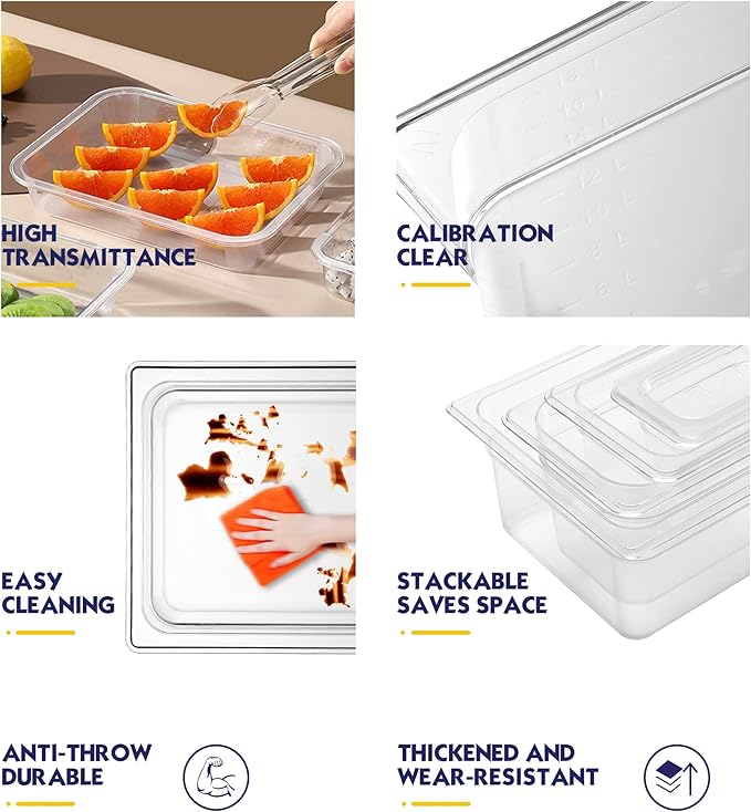 6 Pack NSF Food Pans with Lids, 1/9 Size 4'' Deep Commercial Food Storage Containers, Polycarbonate, Clear