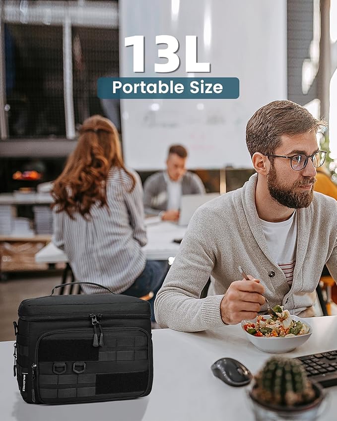 RalChyez Tactical Lunch Box, 13L Large Insulated Lunch Bag MOLLE Webbing Leakproof Thermal Cooler with Shoulder Strap Lunch Pail for Adult Men Women Office Work Camping Picnic Travel Black
