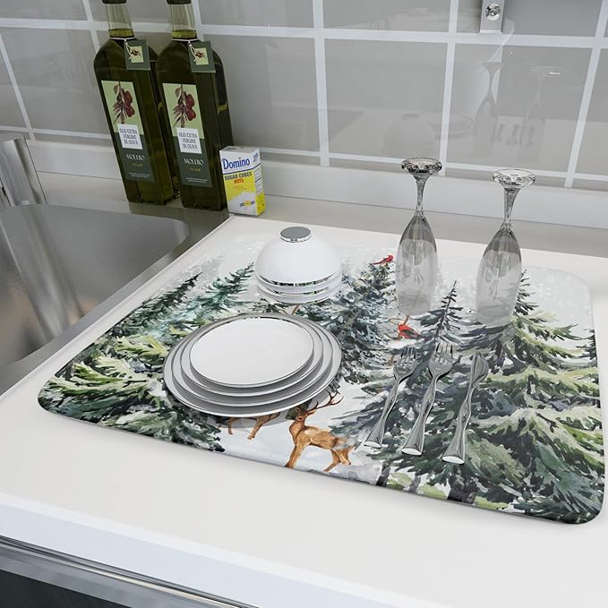 Pine Tree Dish Drying Mat for Kitchen Counter 18x24 Inch Forest Deer Absorbent Dishes Drainer Mats Reversible Microfiber Quick Dry Rack Pad