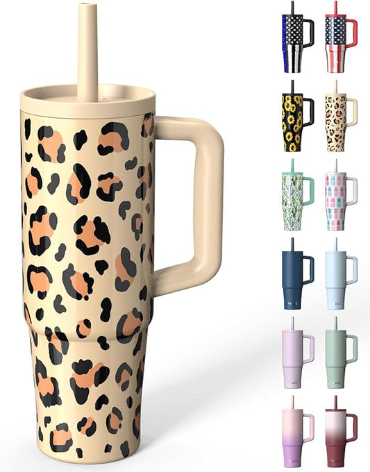 TILUCK 30 oz Tumbler with Handle, Vacuum Insulated Stainless Steel Travel Mug with 100% Leak-Proof Silicone Straw Lid, Cupholder Friendly Water Bottle(Leopard, 30oz)
